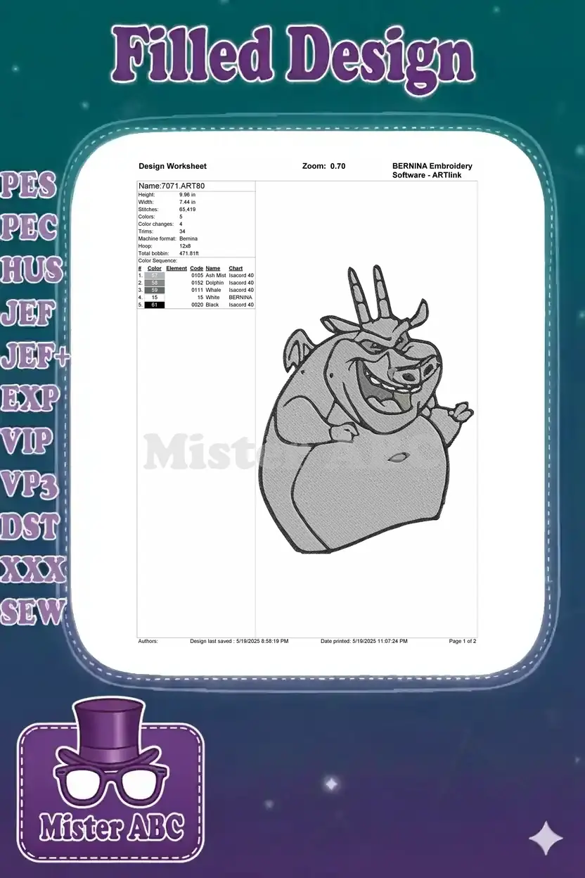 Embroidery design worksheet for Hugo the Gargoyle, detailing dimensions, stitch count, thread colors, and machine format.