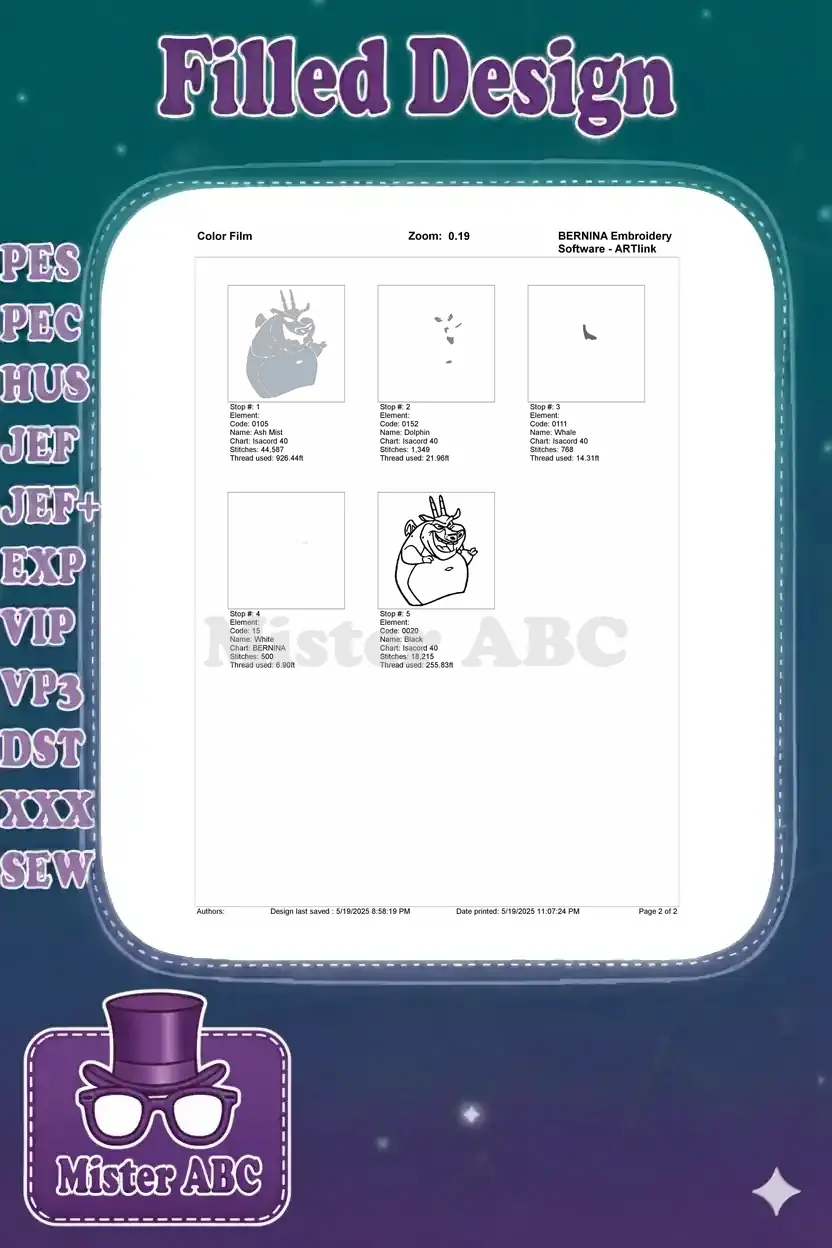 Color film breakdown of the Hugo the Gargoyle embroidery design, illustrating the stitching sequence for each color.