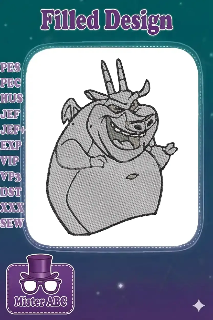 Full-color embroidery design of Hugo the Gargoyle, a portly, horned, winged creature with a mischievous grin.