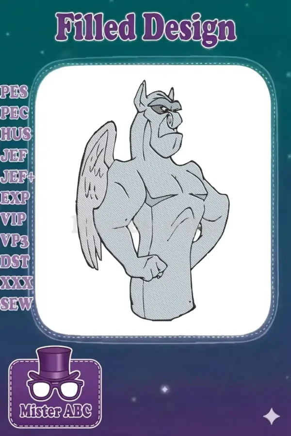 Detailed embroidery design of a muscular, cartoon-style gargoyle with wings, ready for digital stitching.
