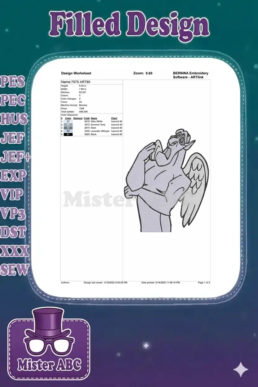 Embroidery design worksheet for Hugo the Gargoyle, showing dimensions, stitch count, and color sequence.