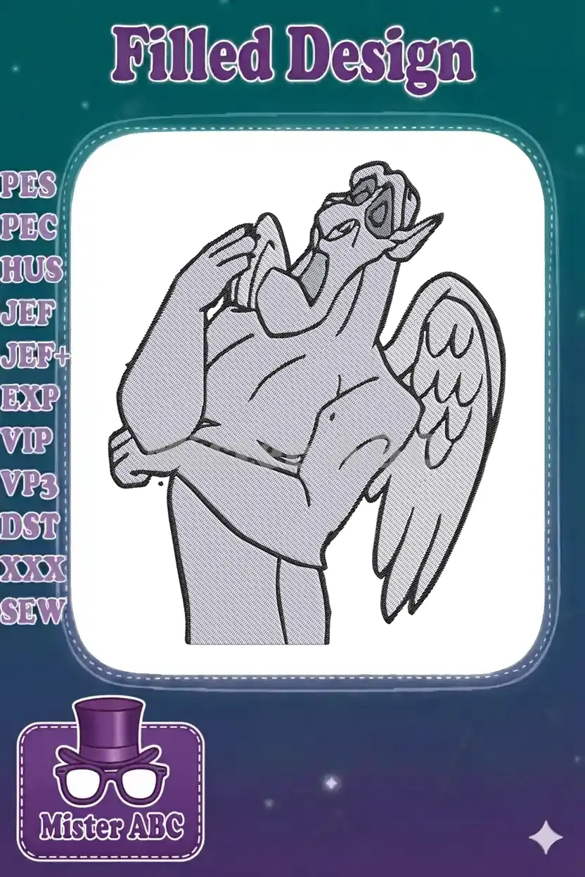 Detailed embroidery design of Hugo the Gargoyle from Disney, featuring grey tones and clear outlines.