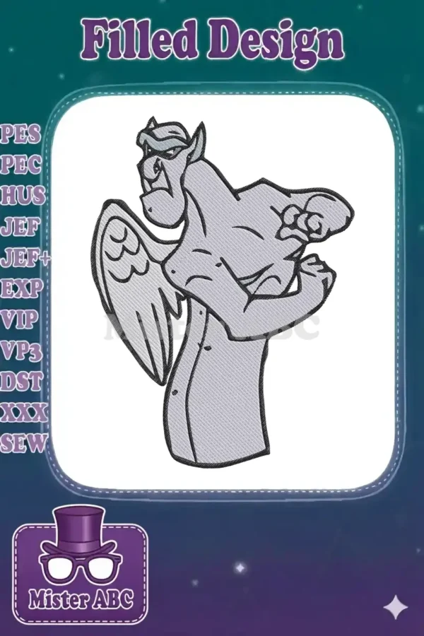 Close-up of an intricately embroidered cartoon gargoyle, showcasing detailed stitching and vibrant thread colors.