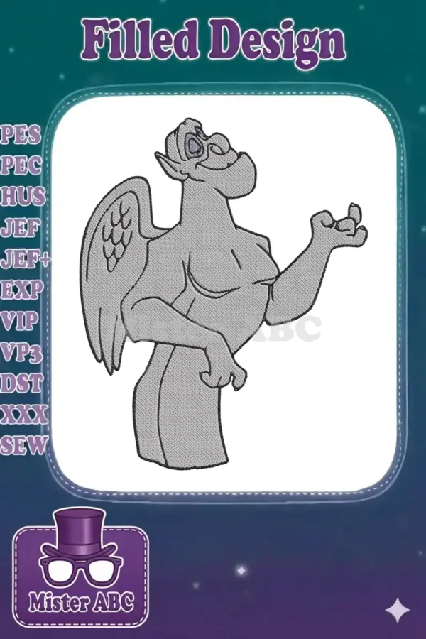 A friendly, gray gargoyle embroidery design with wings, looking up and gesturing, showcasing detailed stitching.