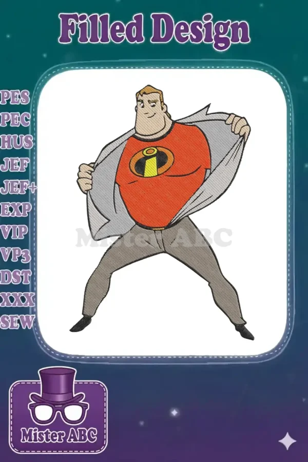 Mr. Incredible embroidery design, showcasing the superhero revealing his classic red suit with the 'I' emblem.