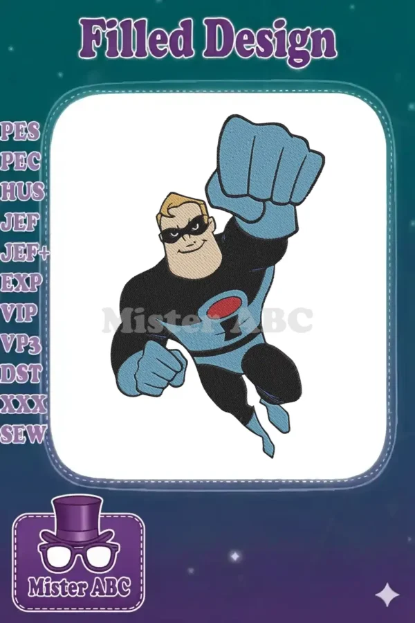 A detailed embroidery design of Mr. Incredible in a powerful flying pose, ready for action with a raised fist.
