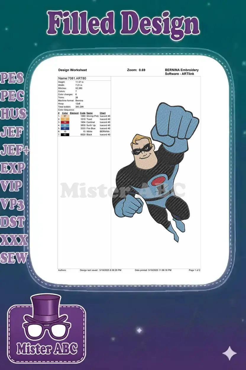 An embroidery design worksheet for Mr. Incredible, detailing dimensions, stitch count, color sequence, and thread types.