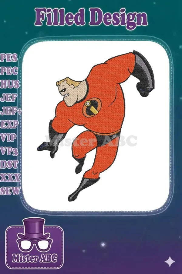 Mr. Incredible embroidery design in a dynamic action pose, featuring his iconic red and black superhero suit.