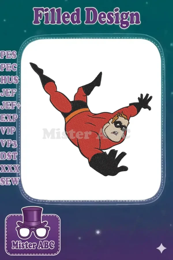 Dynamic Mr. Incredible embroidery design, captured mid-action in his iconic red and black superhero suit.