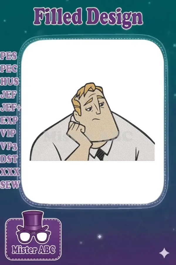 A detailed embroidery design of Mr. Incredible (Bob Parr) looking bored, resting his chin on his hand.