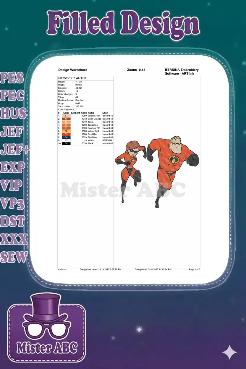 Embroidery design worksheet for '7087.ART80' showing dimensions, stitch count, colors, and a design preview.