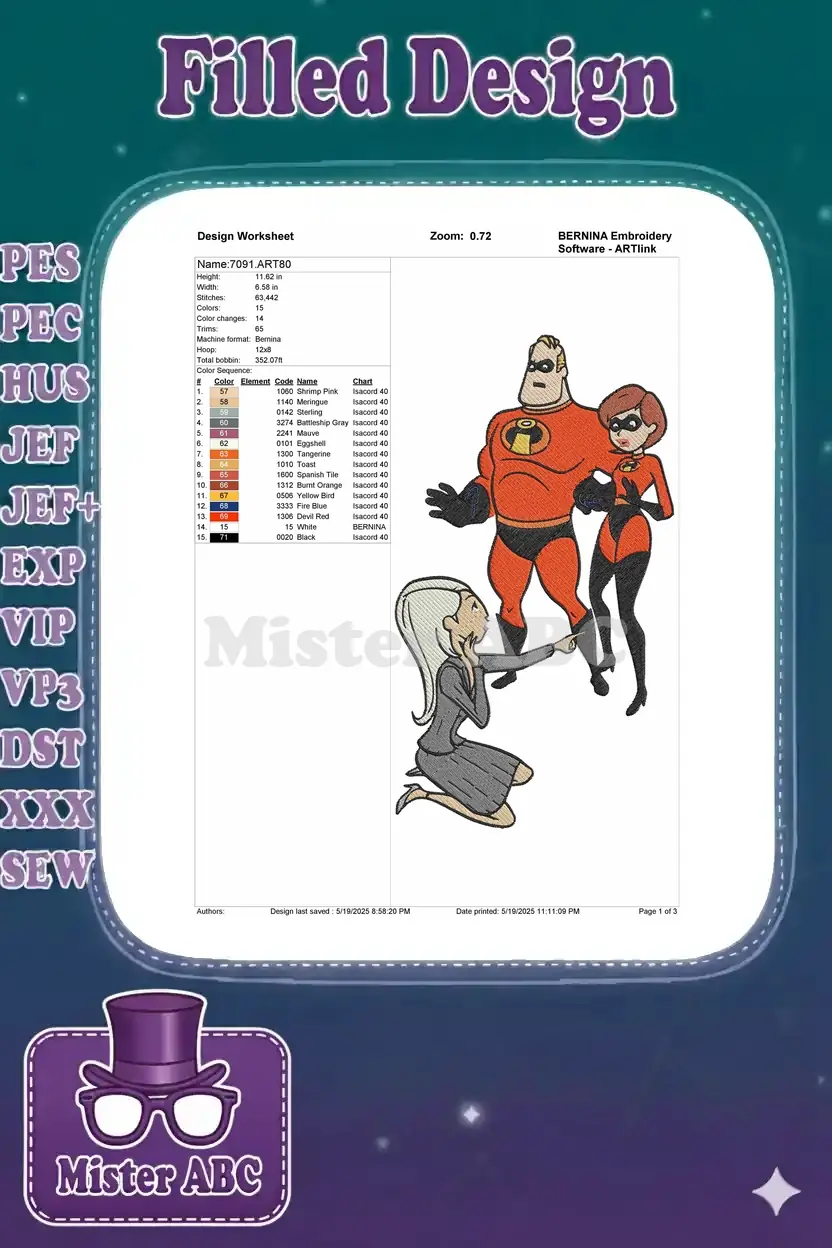 Detailed embroidery design worksheet showing dimensions, stitch count, color sequence, and machine format.