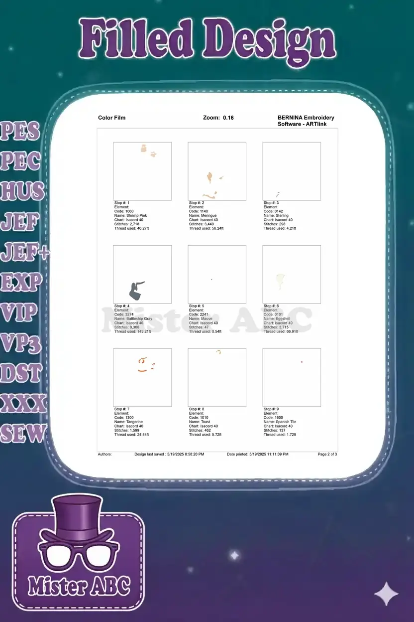 First part of the color film display, detailing the initial 9 color stops with stitch counts and thread usage.