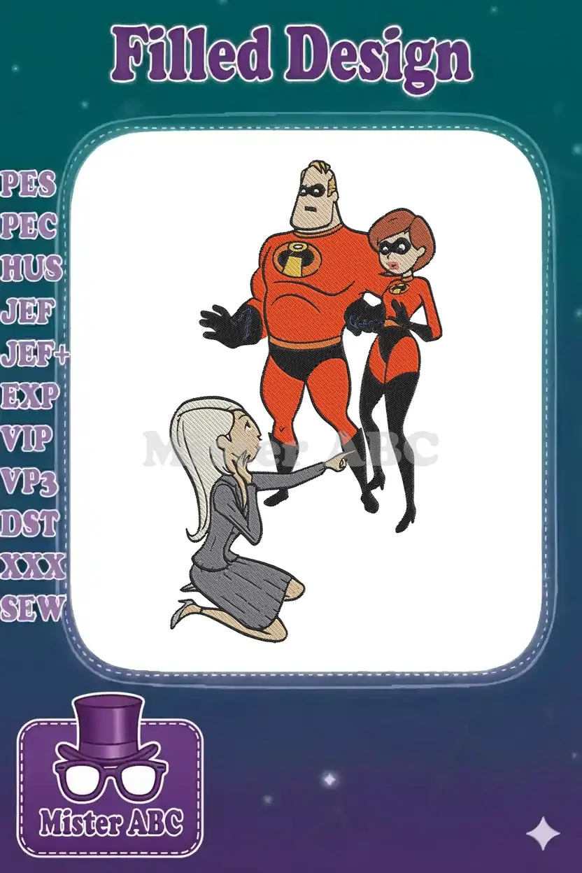 Full embroidery design featuring Mr. Incredible, Elastigirl, and Edna Mode in an iconic pose, ready for action.