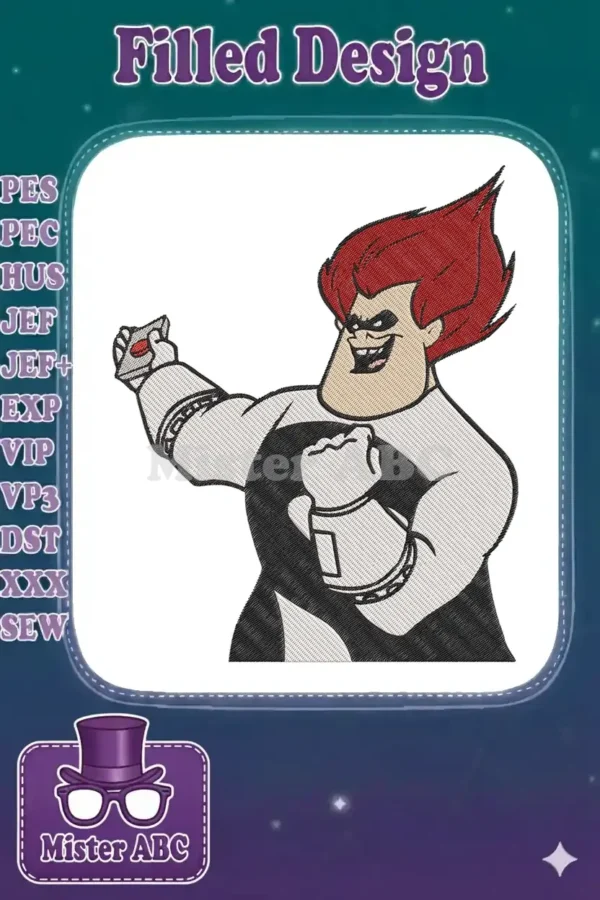 Dynamic embroidery of Syndrome, the villain from The Incredibles, in his black and white suit with fiery red hair.