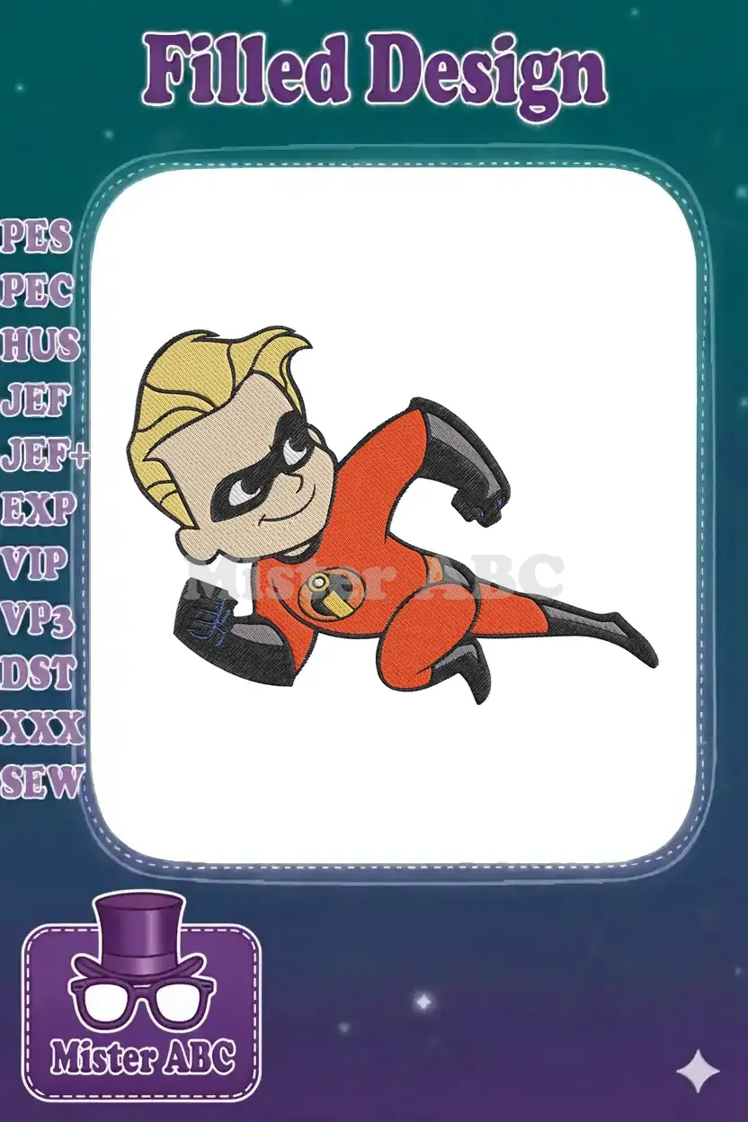 Vibrant embroidery of Dash from The Incredibles, mid-sprint, showcasing detailed stitching and dynamic pose.