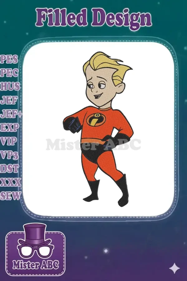 Full-body embroidery design of Dash from Disney Pixar's The Incredibles, featuring his iconic orange and black superhero suit.