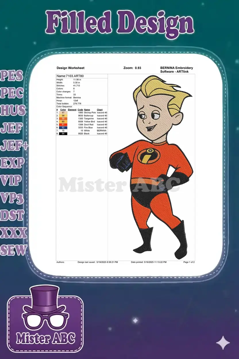 Embroidery design worksheet for Dash, detailing dimensions, stitch count, color changes, and thread information for the pattern.