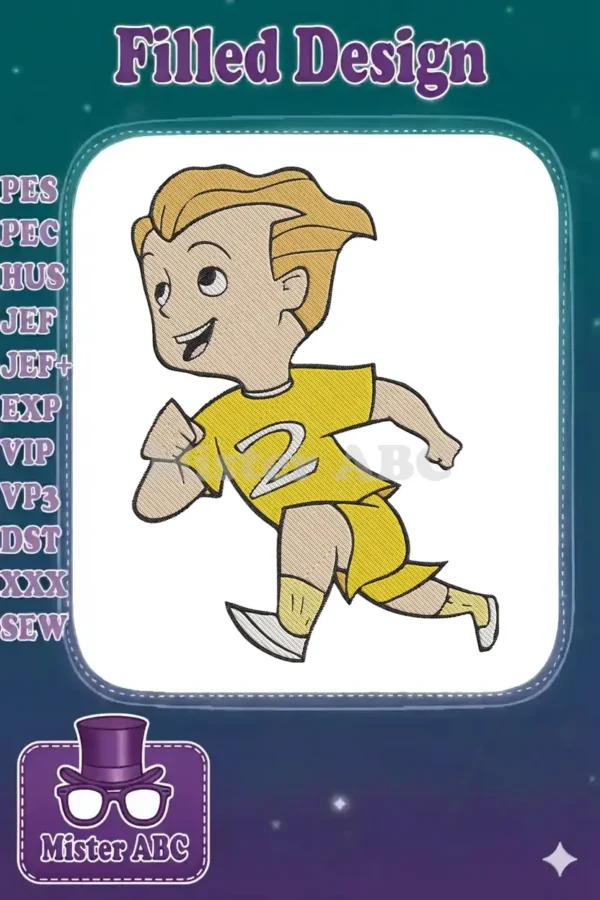 Vibrant embroidery of a cartoon boy running, dressed in a yellow shirt with number 2, showcasing detailed stitches.
