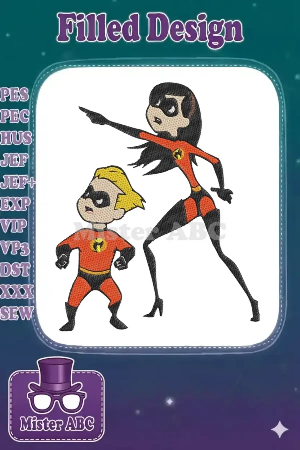 Dynamic embroidery design of Violet and Dash from The Incredibles, ready for action on any project.