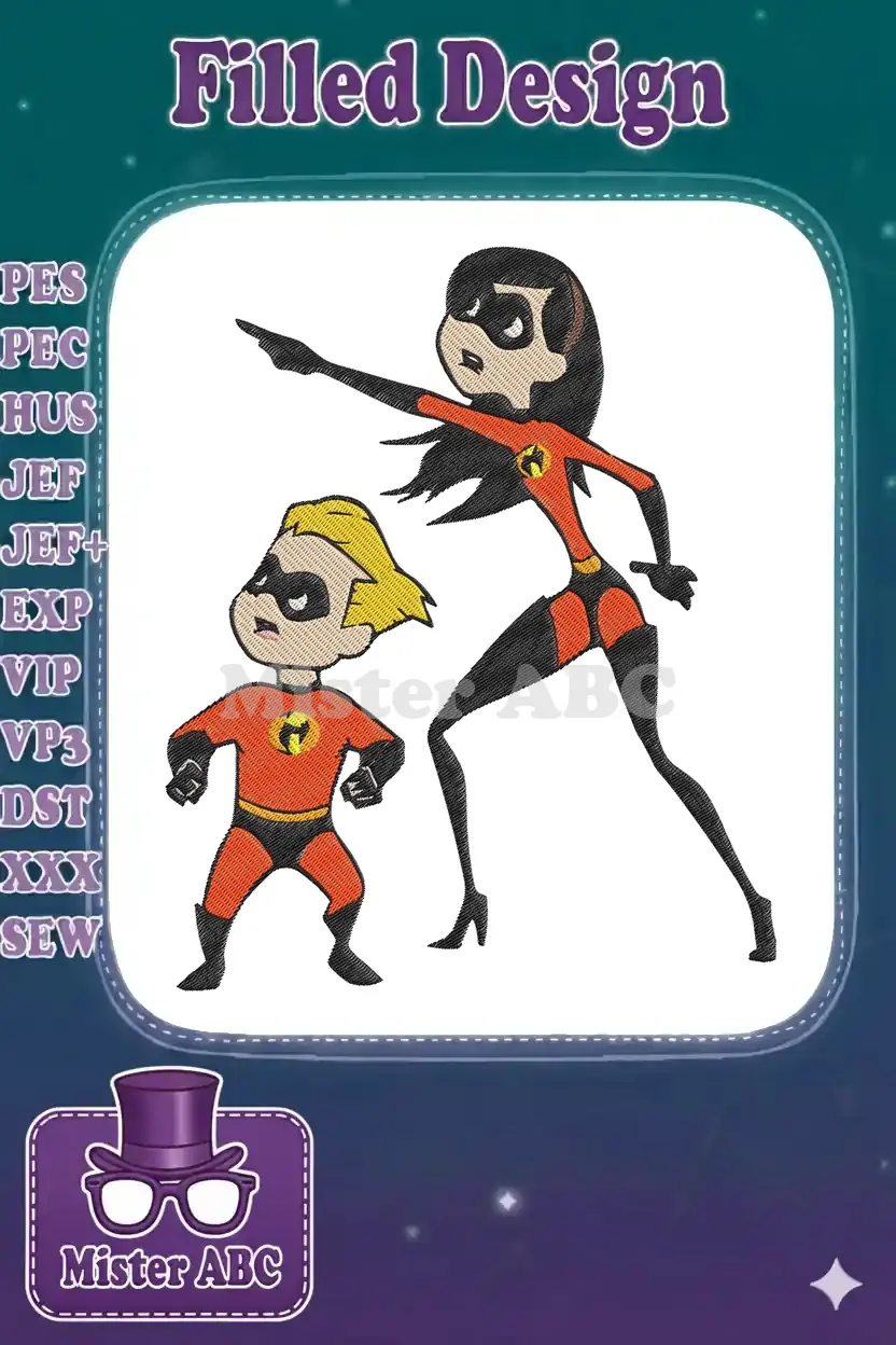 Dynamic embroidery design of Violet and Dash from The Incredibles, ready for action on any project.