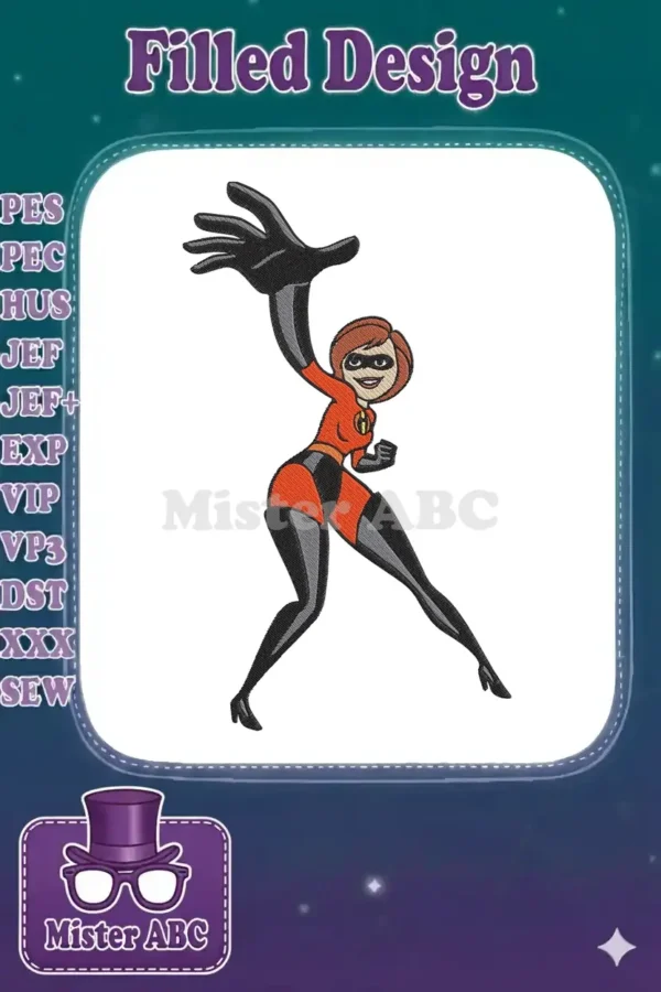 Vibrant Elastigirl embroidery design, showcasing her dynamic pose and stretching power in full detail.