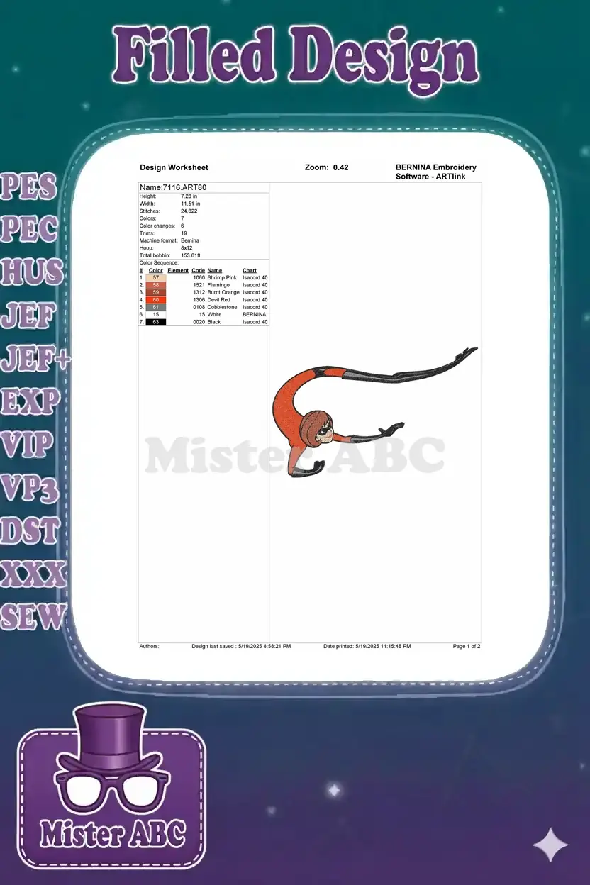 Embroidery design worksheet for Elastigirl, detailing dimensions, stitch count, color sequence, and machine formats.
