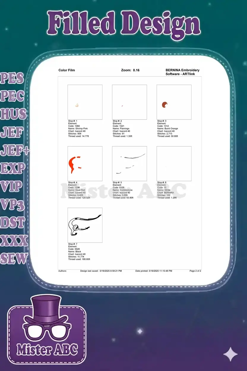 Color film breakdown for the Elastigirl embroidery, showing individual stitch stops and thread usage for each color.