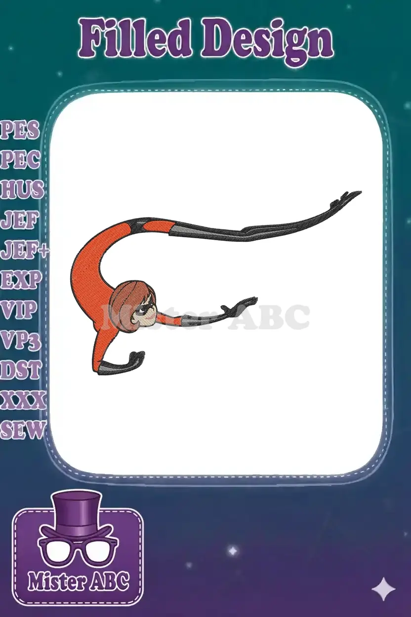 Dynamic Elastigirl embroidery design in her signature red and black suit, captured mid-stretch with precise fill stitches.