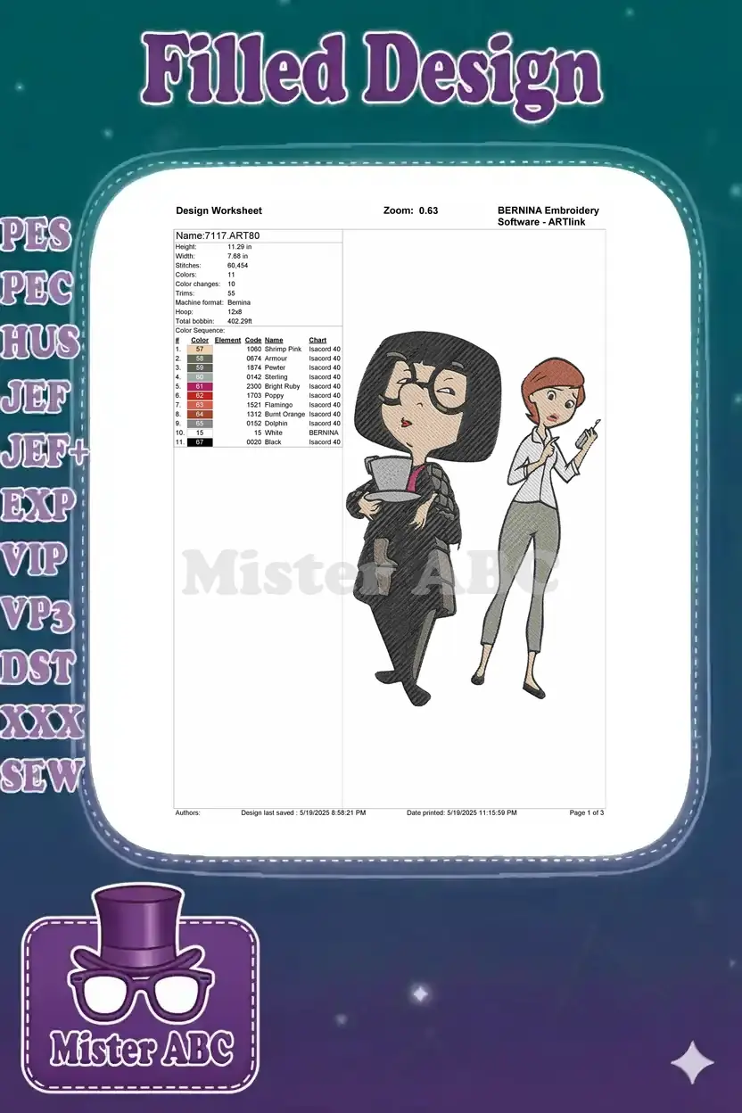 An embroidery design worksheet for '7117.ART80' showing design dimensions, stitch count, color sequence, and a preview.