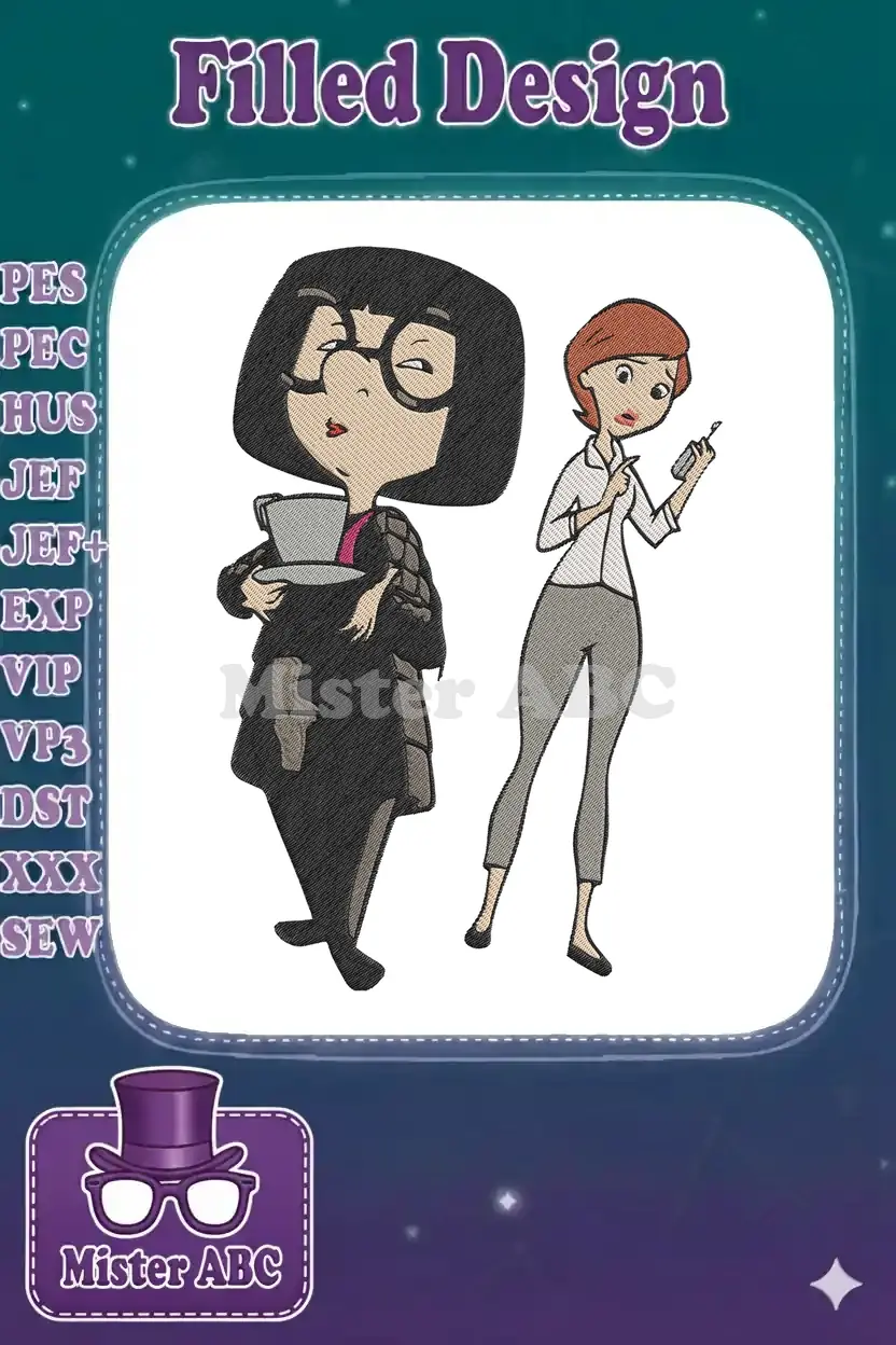 A vibrant embroidery design featuring the iconic Edna Mode holding a teacup and Elastigirl looking concerned and holding a phone.