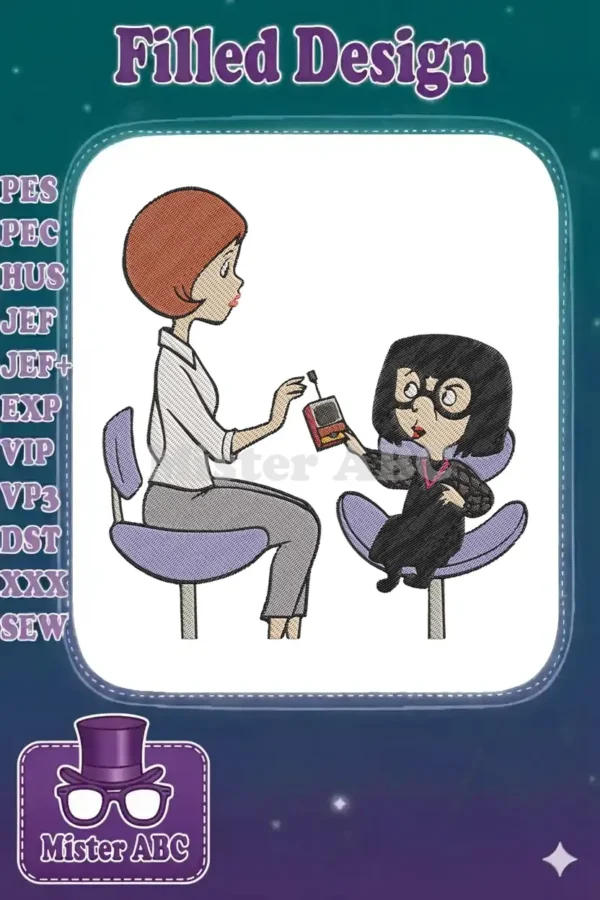 Full-color embroidery design featuring Elastigirl from The Incredibles talking to Edna Mode. Iconic animated characters.