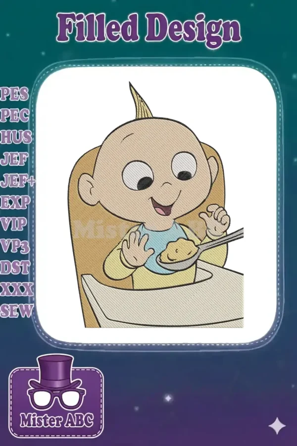 An adorable embroidery of Jack-Jack from The Incredibles happily eating from a spoon, showcasing vibrant colors and detail.