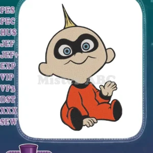 A delightful embroidery design featuring Jack-Jack Parr from The Incredibles, sitting happily in his red superhero suit.
