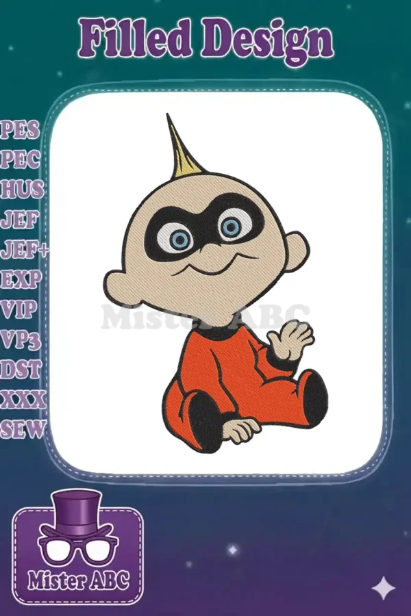 A delightful embroidery design featuring Jack-Jack Parr from The Incredibles, sitting happily in his red superhero suit.