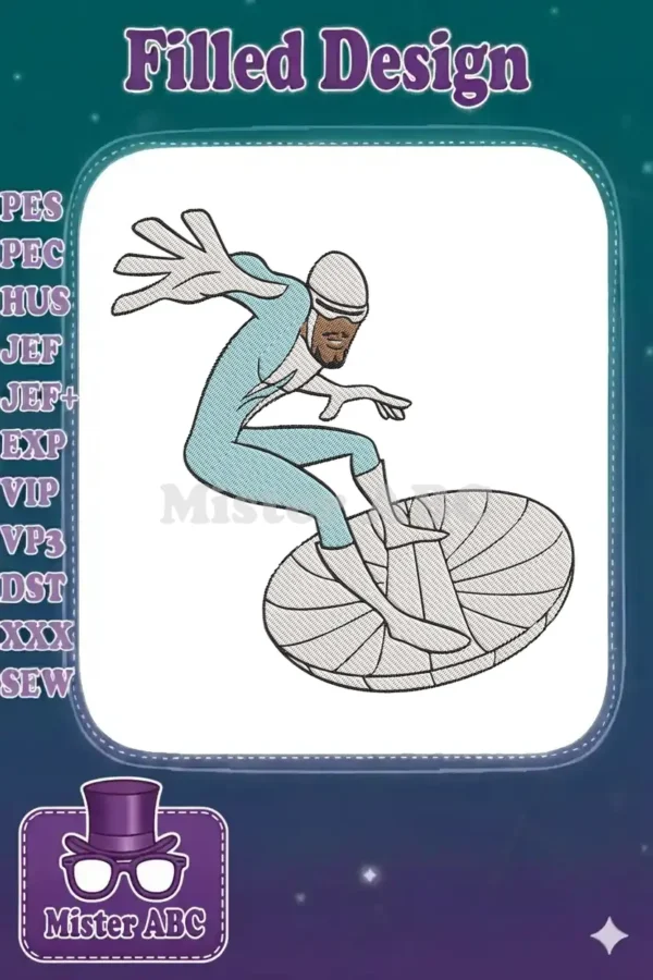 A vibrant embroidery design of Frozone from The Incredibles, dynamically surfing on a circular ice disc with outstretched arms.