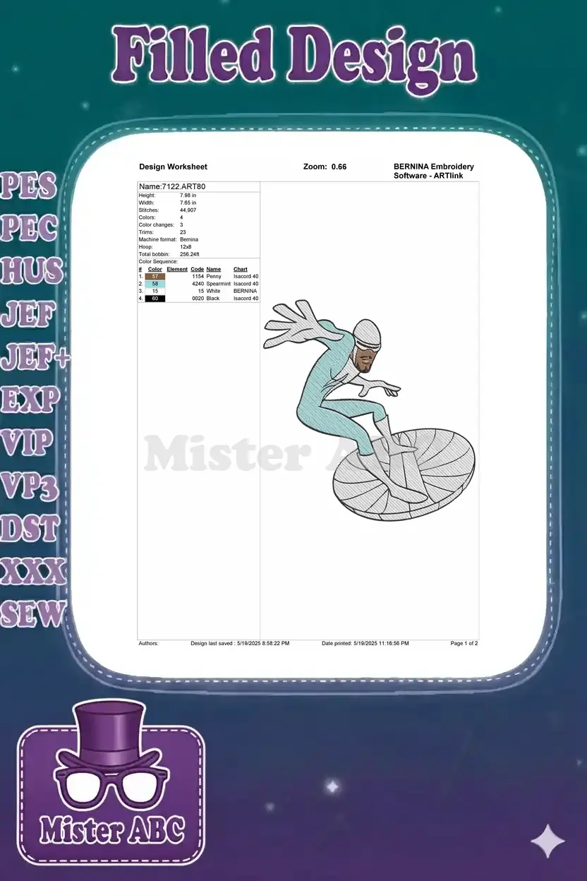 Embroidery design worksheet for Frozone, showing dimensions, stitch count, color sequence, and machine format details.
