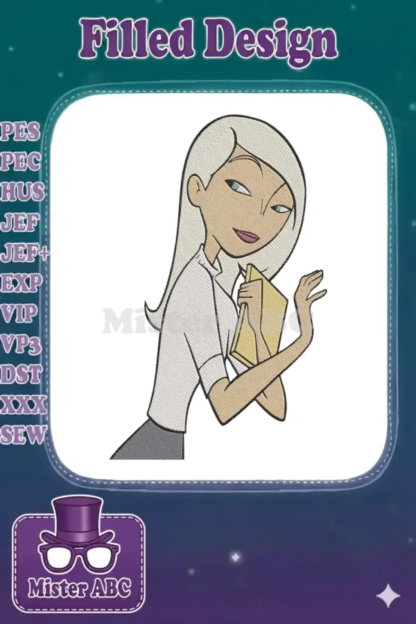 A detailed embroidery of a confident woman with light hair, green eyes, holding a folder, exuding professionalism.