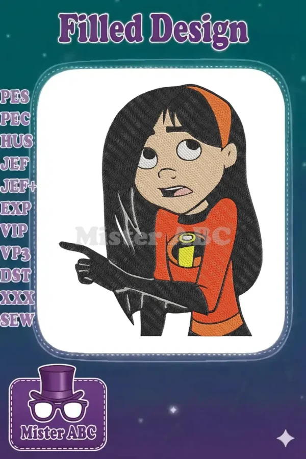Violet Parr from The Incredibles embroidery design, pointing with a slightly surprised expression, featuring vibrant colors.