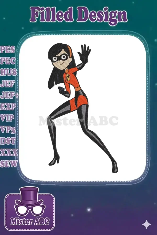 Dynamic embroidery design of Violet Parr in her Incredibles suit, poised for action, showcasing detailed stitching.