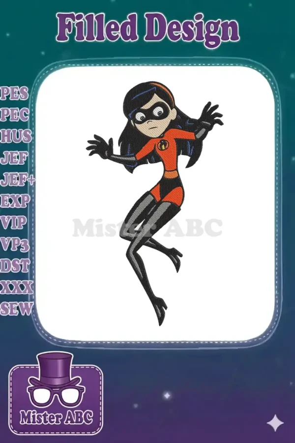 Vibrant embroidery design of Violet Parr from The Incredibles, striking a dynamic pose in her superhero suit.