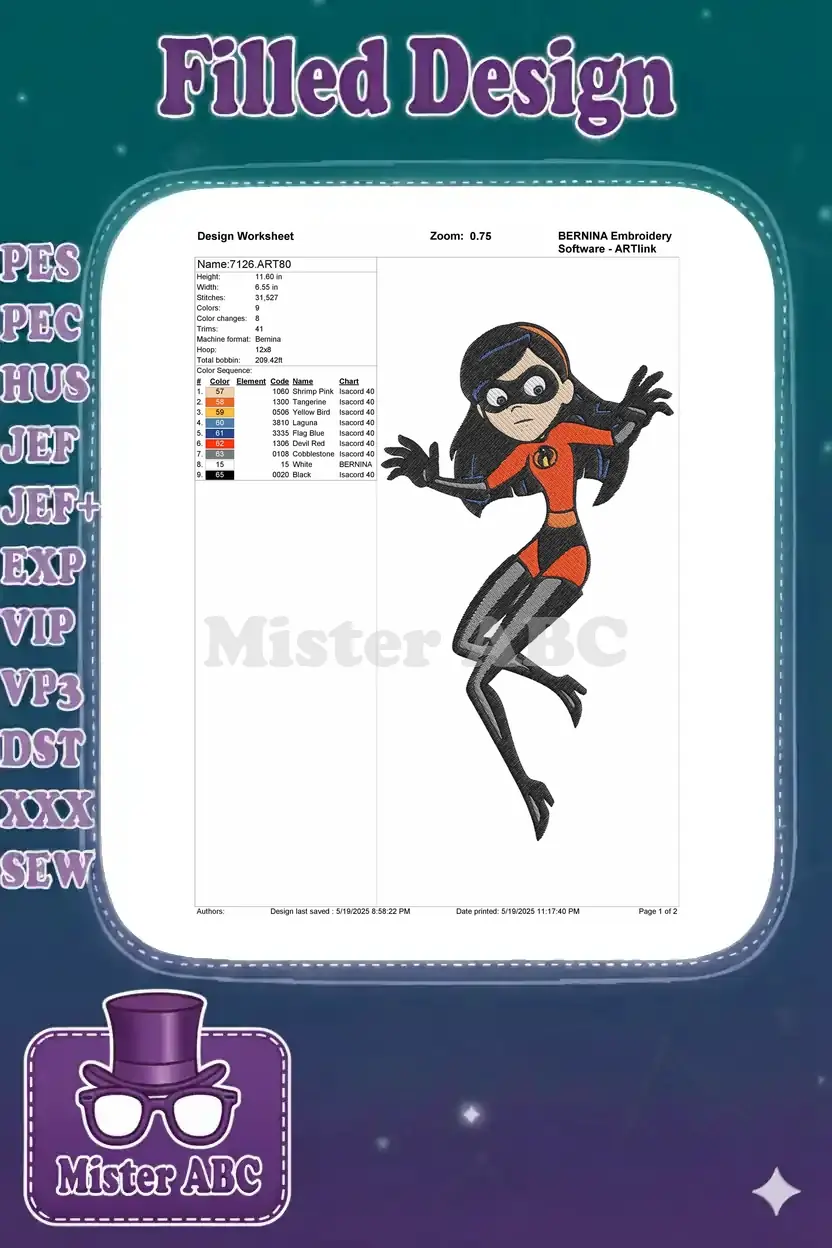 Embroidery design worksheet for Violet Parr, showing dimensions, stitch count, color sequence, and thread details.