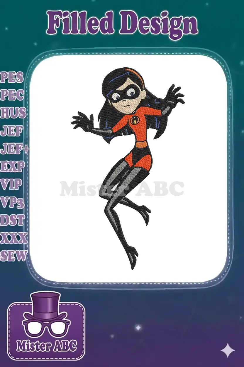 Vibrant embroidery design of Violet Parr from The Incredibles, striking a dynamic pose in her superhero suit.