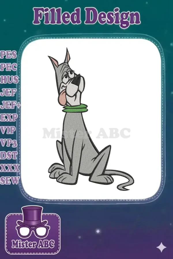 A charming embroidery design of Astro, the grey Great Dane from The Jetsons, sitting patiently with a green collar.
