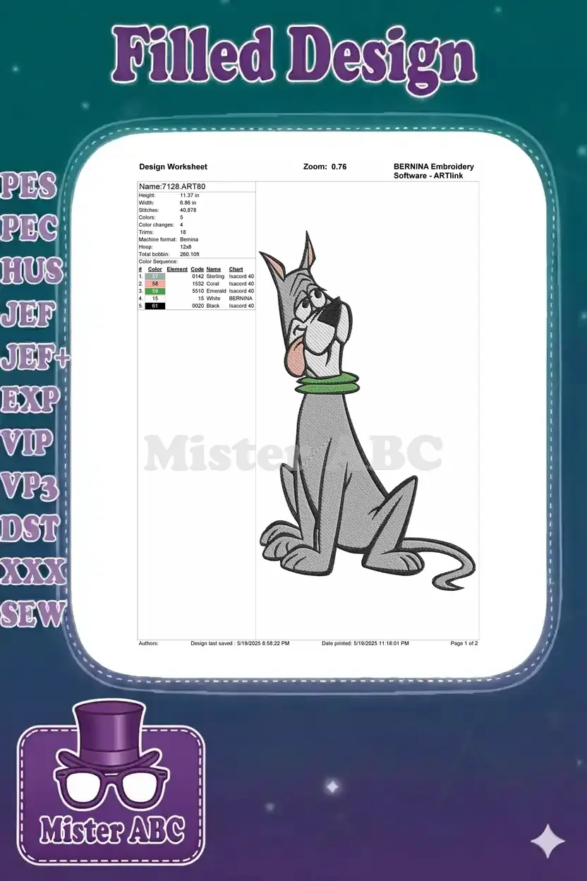 An embroidery design worksheet for Astro, detailing dimensions, stitch count, color sequence, and machine info.
