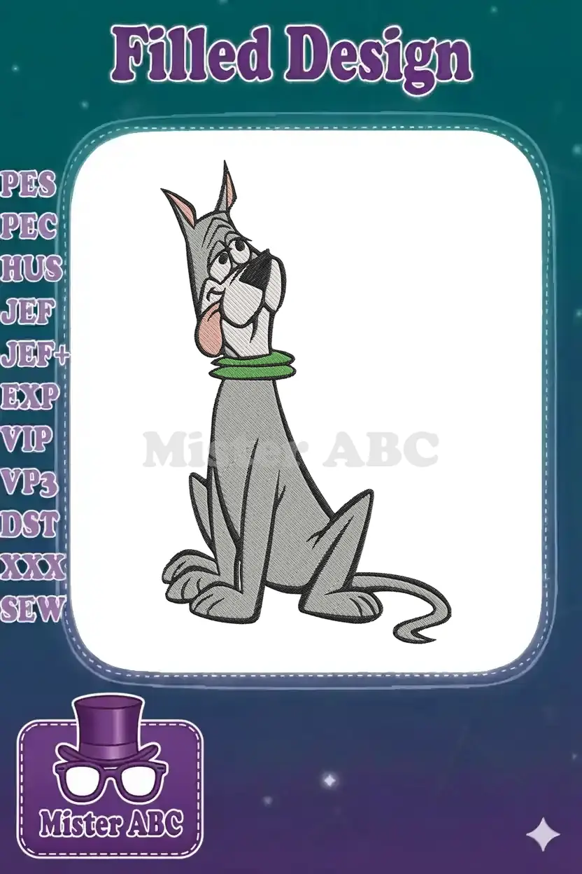 A charming embroidery design of Astro, the grey Great Dane from The Jetsons, sitting patiently with a green collar.