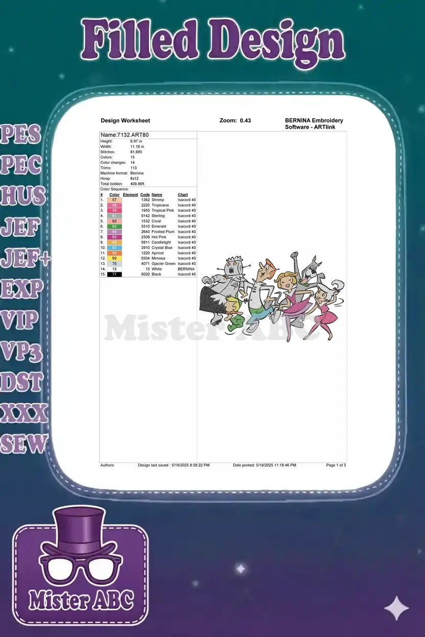 Embroidery design worksheet for The Jetsons, showing stitch count, dimensions, color sequence, and machine info.