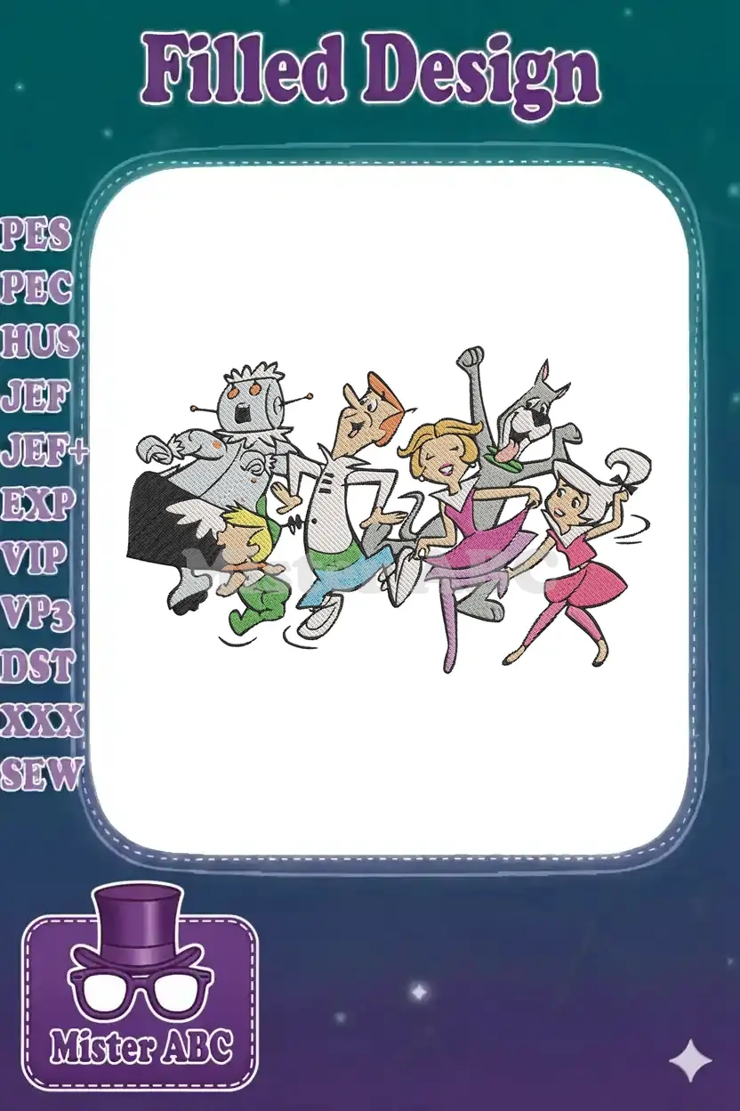 The Jetsons family embroidery design, featuring George, Jane, Judy, Elroy, Rosie, and Astro in a lively group pose.