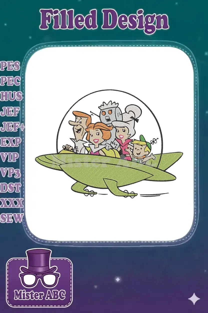 A vibrant embroidery design featuring The Jetsons family—George, Jane, Judy, Elroy, and Rosie—in their iconic flying car.