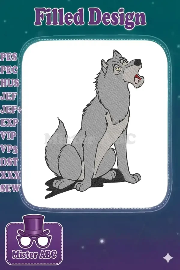 Full-body embroidery design of Akela, the grey wolf, sitting and howling, showcasing detailed fur texture and expression.